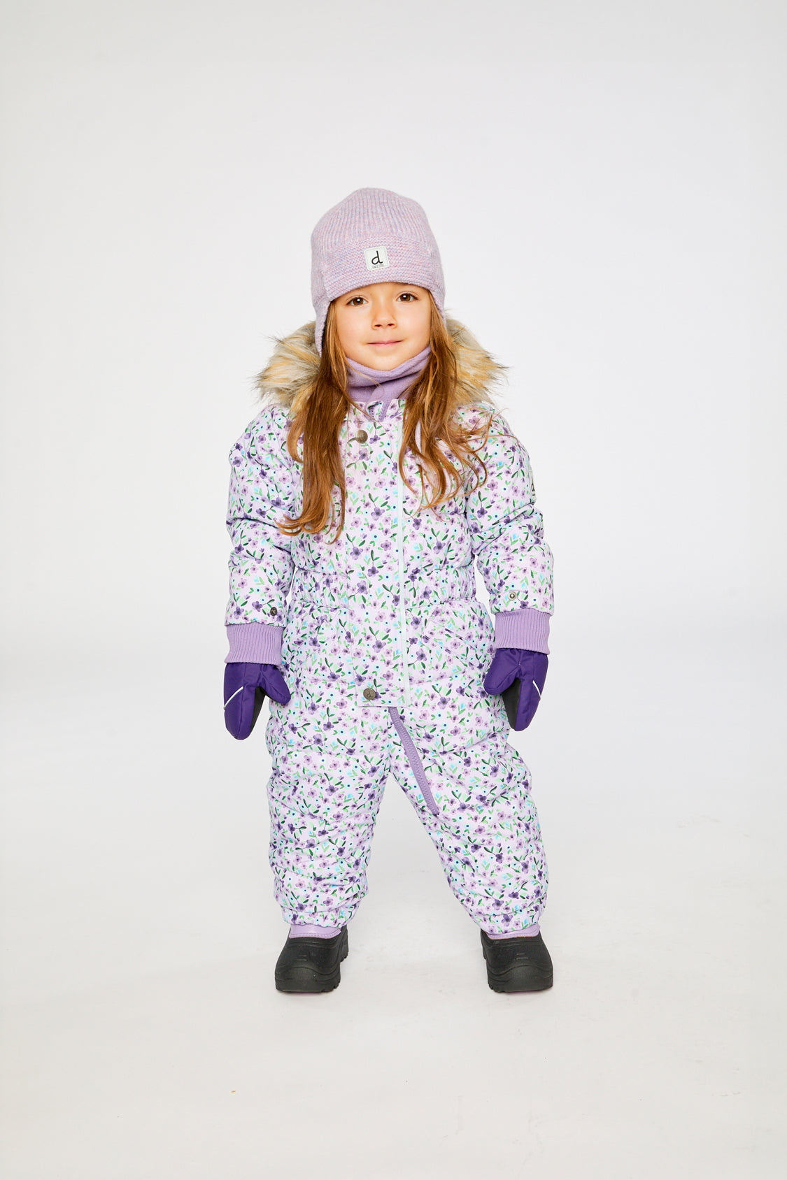 Baby Original One Piece Puffy Snowsuit With Removable Mittens And Boots Purple Printed Mini Flowers-1