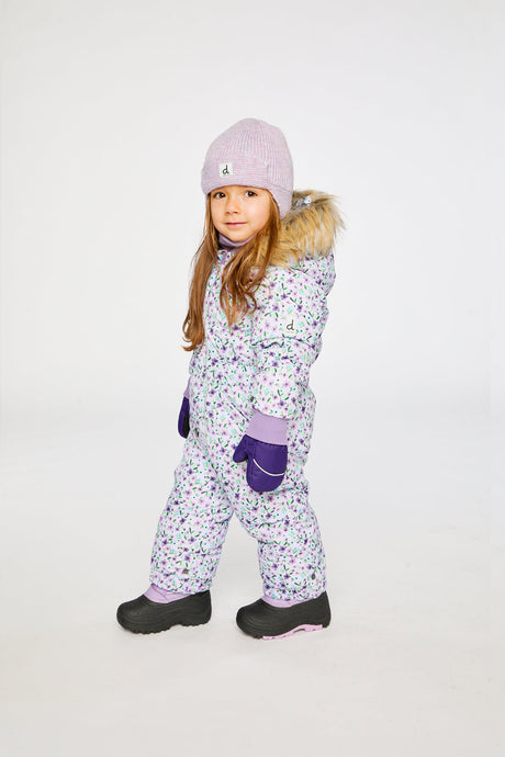 Baby Original One Piece Puffy Snowsuit With Removable Mittens And Boots Purple Printed Mini Flowers-2