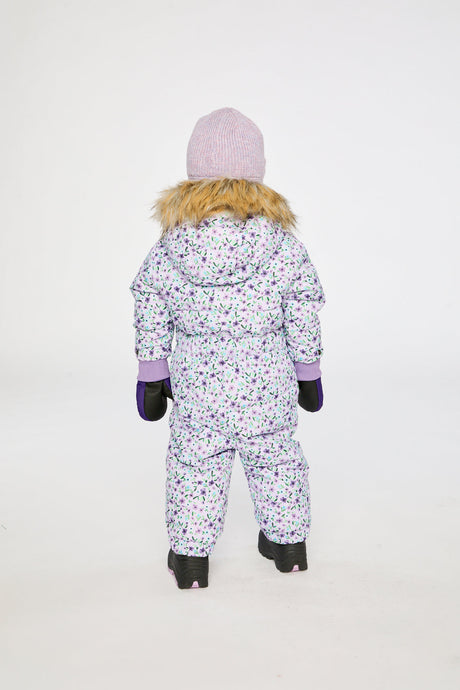 Baby Original One Piece Puffy Snowsuit With Removable Mittens And Boots Purple Printed Mini Flowers-3