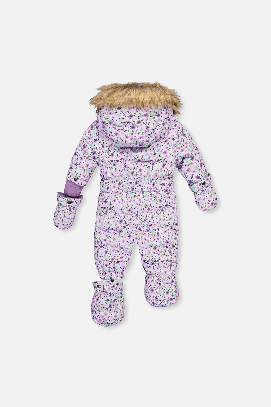 Baby Original One Piece Puffy Snowsuit With Removable Mittens And Boots Purple Printed Mini Flowers-4