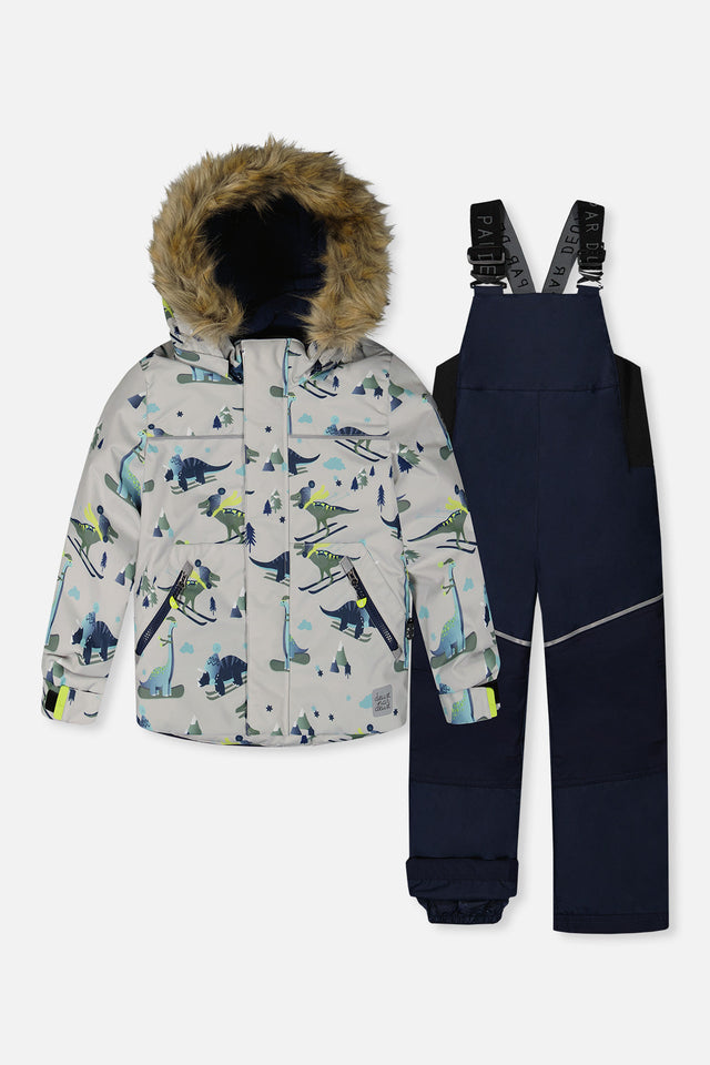 Two Piece Discover Snowsuit Grey Skiing Dinosaur Print-0