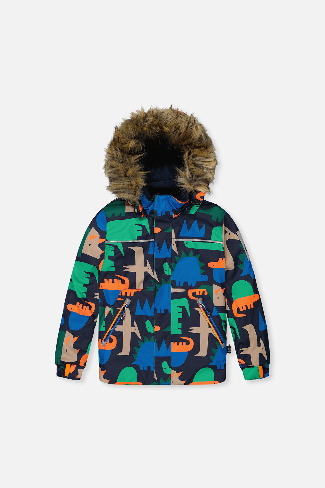 Deux par Deux boys' DISCOVER two-piece snowsuit in Blue Dinosaur Print, back view