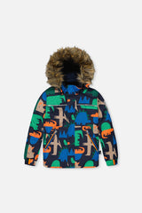 Deux par Deux boys' DISCOVER two-piece snowsuit in Blue Dinosaur Print, back view