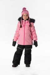 Child wearing the pink Deux par Deux DISCOVER snowsuit, lookbook view 1