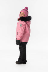 Child wearing the pink Deux par Deux DISCOVER snowsuit, lookbook view 2