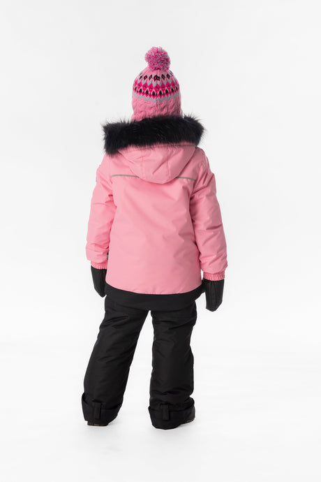 Child wearing the pink Deux par Deux DISCOVER snowsuit, lookbook view 3