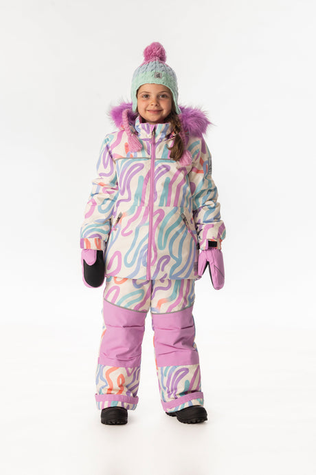 Child wearing the Deux par Deux multicolored cat line print DISCOVER snowsuit, lookbook photo 1
