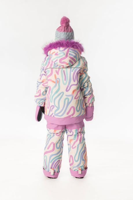 Child wearing the Deux par Deux multicolored cat line print DISCOVER snowsuit, lookbook photo 3