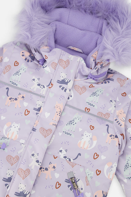 Deux par Deux DISCOVER purple cat print snowsuit, alternate view 7