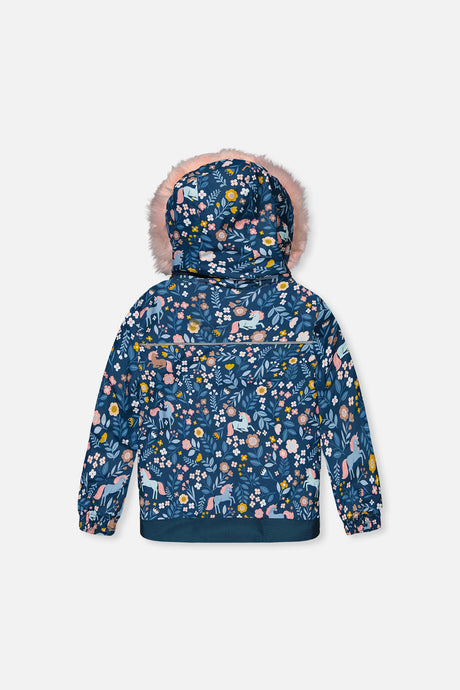 Deux par Deux girls' DISCOVER two-piece snowsuit, blue and pink unicorn print, alternate view