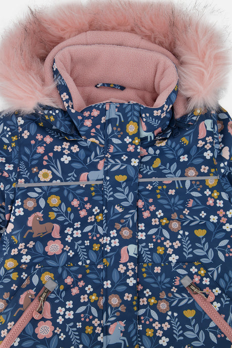 Deux par Deux girls' DISCOVER two-piece snowsuit, blue and pink unicorn print, further studio view