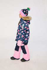 Child wearing the blue floral DISCOVER two-piece snowsuit by Deux par Deux, third lookbook photo