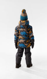 Child wearing the grey and blue dinosaur Deux par Deux CHILL snowsuit, lookbook view 3