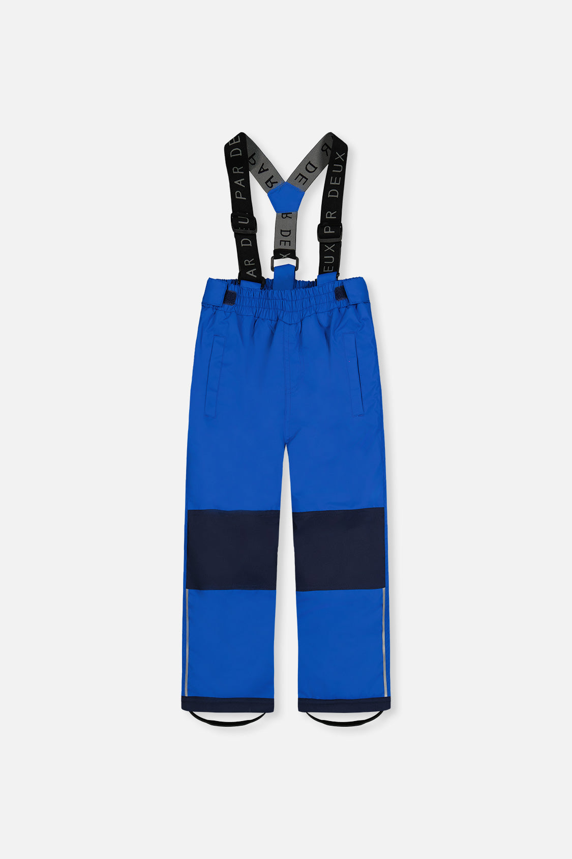 Deux par Deux royal blue CHILL snow pants with suspenders and navy knee panels, front view