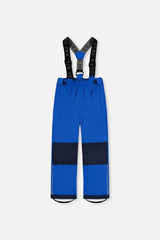 Deux par Deux royal blue CHILL snow pants with suspenders and navy knee panels, front view