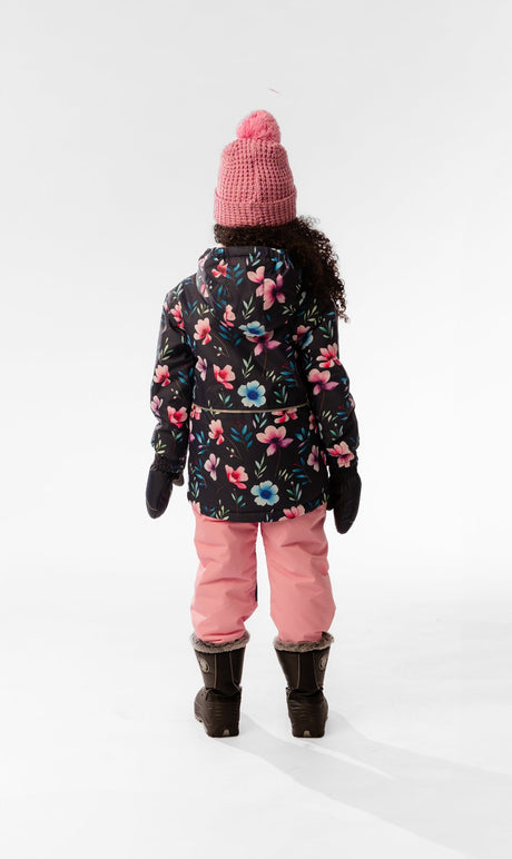 Child wearing the Deux par Deux blue floral CHILL lightweight snowsuit, lookbook photo 3