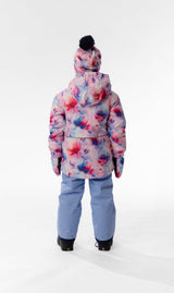 Child wearing the Deux par Deux CHILL snowsuit in Mauve Printed Flowers, lookbook view