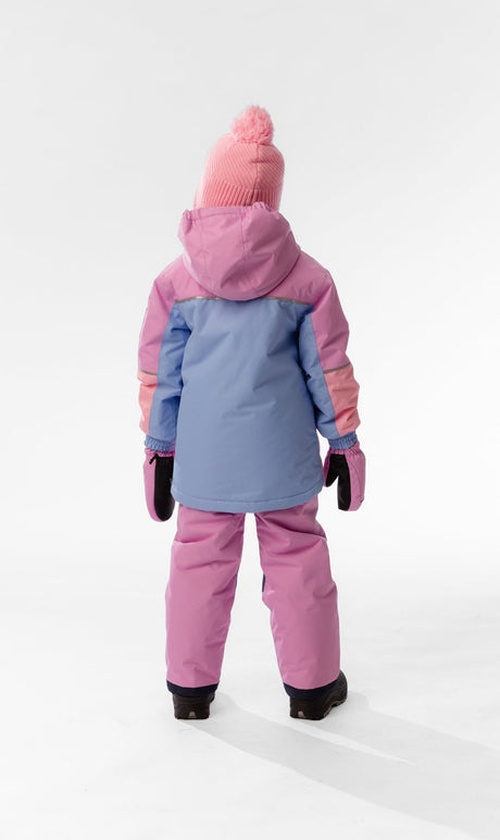 Child wearing the pink, blue and mauve Deux par Deux CHILL lightweight snowsuit, lookbook view 3