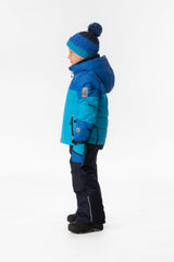 Child wearing the Deux par Deux PLAY snowsuit in light and dark blue, lookbook view 2