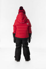 Child wearing the Deux par Deux PLAY snowsuit in red with black pants, lookbook view 3