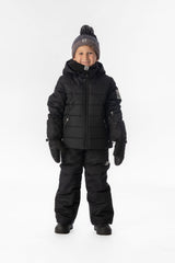 Child wearing the black Deux par Deux PLAY snowsuit, lookbook view 1