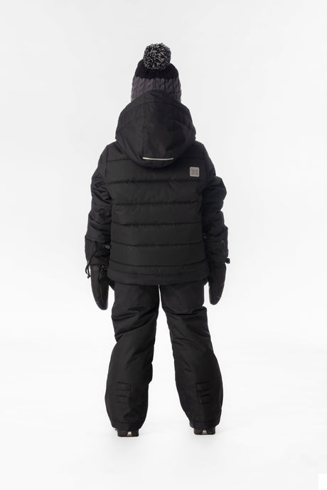 Child wearing the black Deux par Deux PLAY snowsuit, lookbook view 3