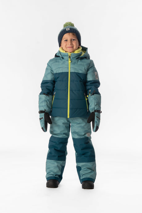 Child wearing the Deux par Deux greyish blue and navy PLAY two-piece snowsuit, lookbook photo 1
