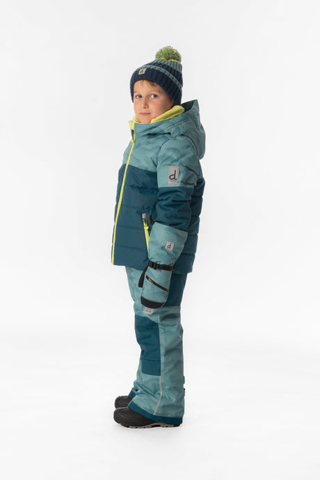 Child wearing the Deux par Deux greyish blue and navy PLAY two-piece snowsuit, lookbook photo 2