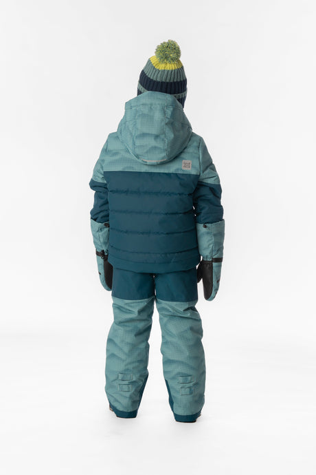 Child wearing the Deux par Deux greyish blue and navy PLAY two-piece snowsuit, lookbook photo 3