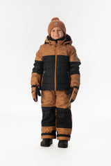 Child wearing the Deux par Deux PLAY snowsuit in brown and black, lookbook view 1