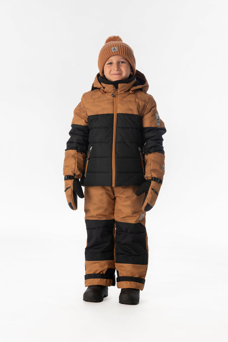 Child wearing the Deux par Deux PLAY snowsuit in brown and black, lookbook view 1