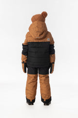 Child wearing the Deux par Deux PLAY snowsuit in brown and black, lookbook view 3