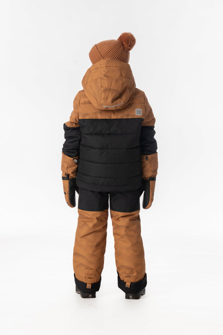 Child wearing the Deux par Deux PLAY snowsuit in brown and black, lookbook view 3