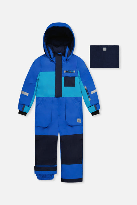 Deux par Deux boys' PLAY one-piece snowsuit in light and dark blue – front view
