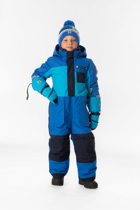 Deux par Deux boys' PLAY one-piece snowsuit in light and dark blue – worn by a model