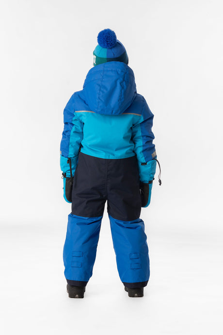 Deux par Deux boys' PLAY one-piece snowsuit in light and dark blue – worn by a model, view 3