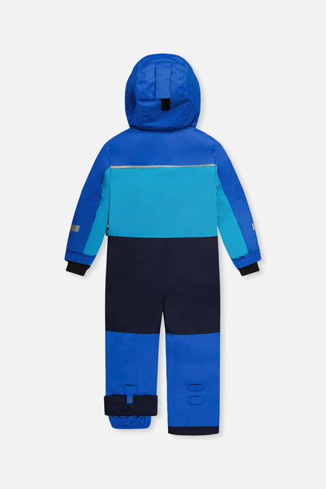 Deux par Deux boys' PLAY one-piece snowsuit in light and dark blue – back view