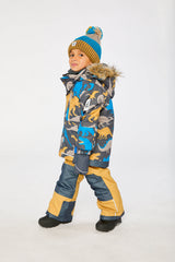 Two Piece Play Snowsuit Grey And Blue Dinosaur Print With Yellow Pants-2