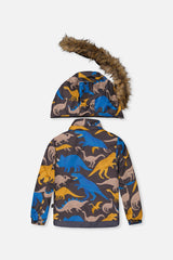 Deux par Deux dinosaur-print PLAY jacket, back view with faux-fur hood detached