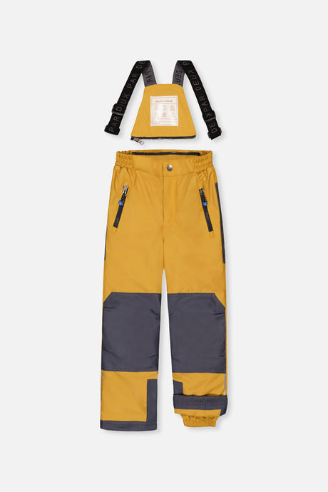 Deux par Deux yellow PLAY bib snow pants with suspenders and charcoal reinforced knees, front view