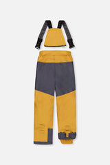 Deux par Deux yellow PLAY bib snow pants with charcoal reinforced seat, back view