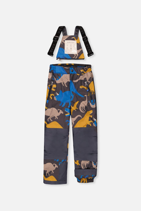 Deux par Deux boys' PLAY snowsuit with colorblock jacket and grey and blue dinosaur-print pants, additional product view