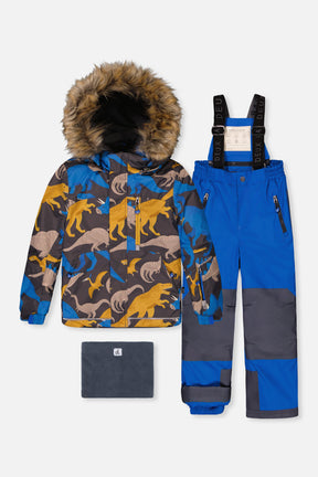 Two Piece Play Snowsuit Grey And Blue Dinosaur Print With Blue Pants-0