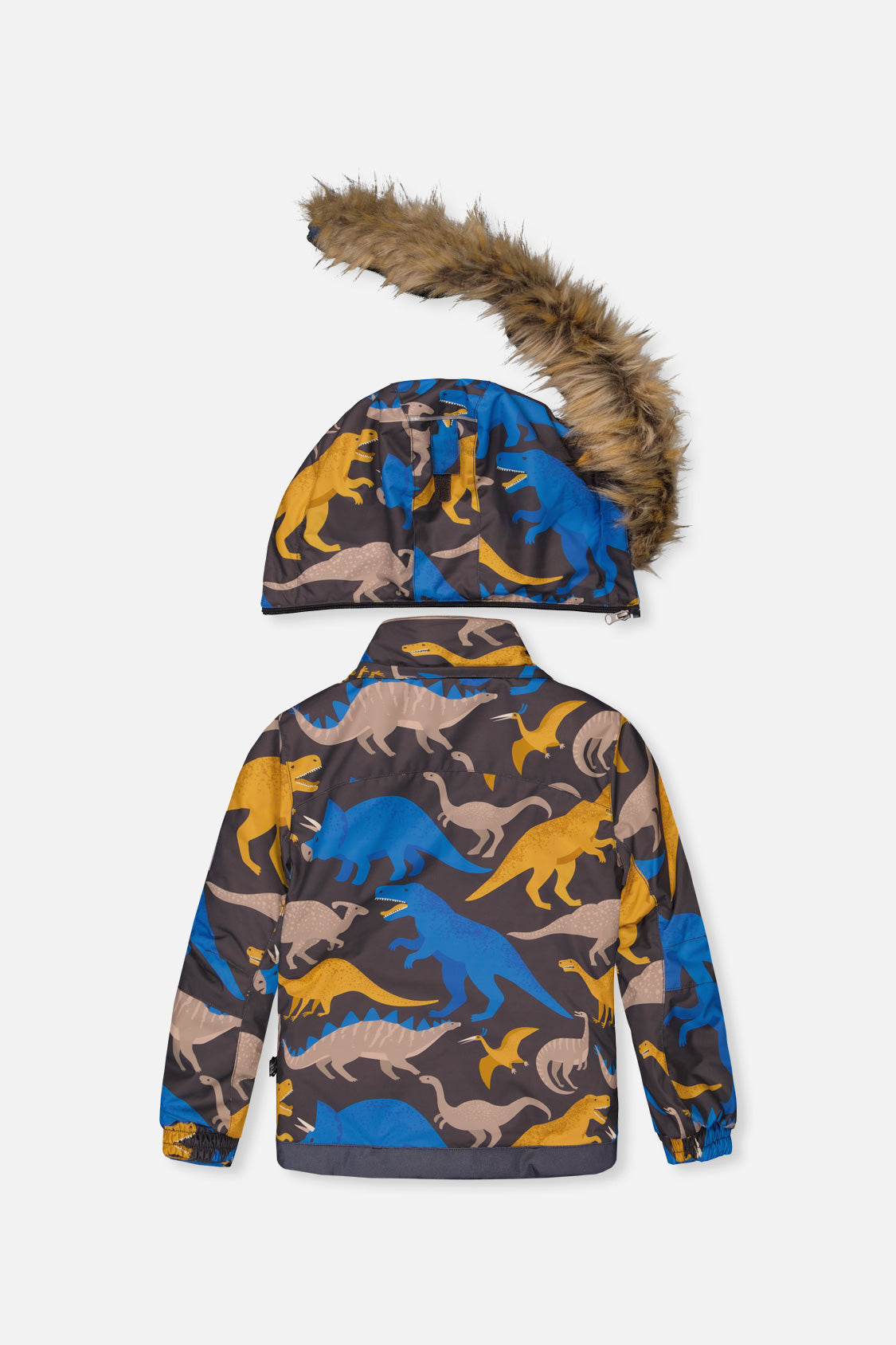 Deux par Deux dinosaur-print PLAY jacket, back view with faux-fur hood detached