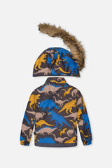 Deux par Deux dinosaur-print PLAY jacket, back view with faux-fur hood detached