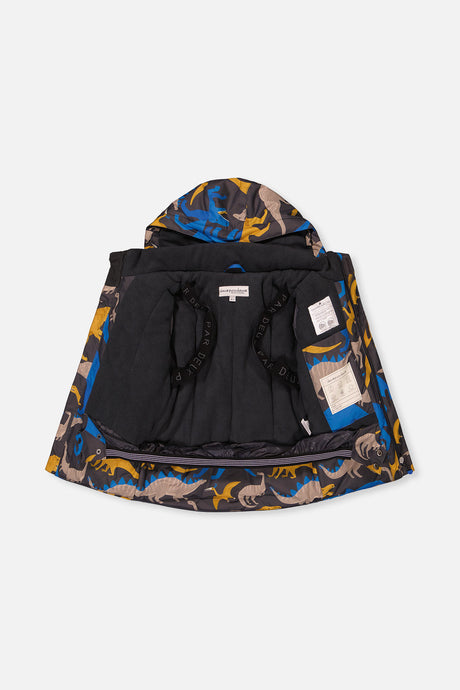 Deux par Deux dinosaur-print PLAY jacket opened to show the black lining and inner straps