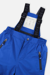 Close-up of the blue PLAY snow pants waist, zip pockets and logo suspenders