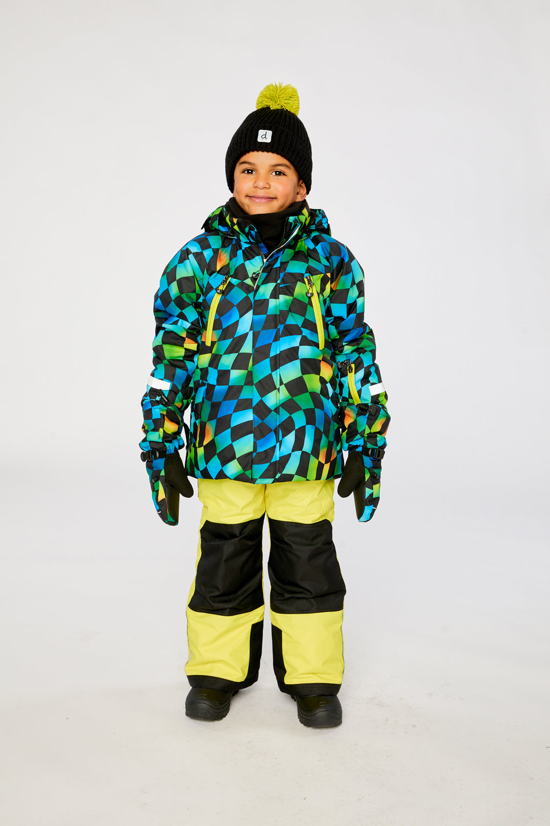 Two Piece Play Snowsuit Green Yellow And Blue Checkerboard With Yellow Pants-1
