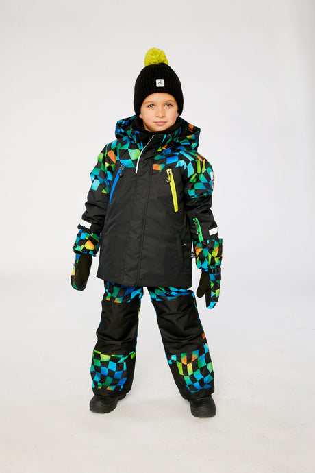 Two Piece Play Snowsuit Black Colorblock With Green Yellow And Blue Checkerboard Pants-3