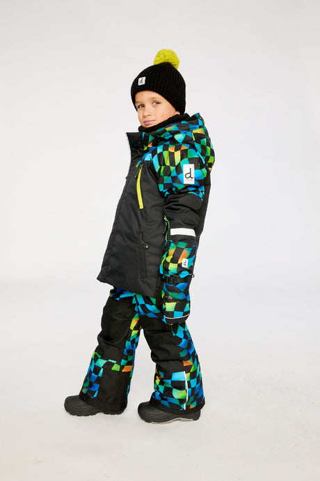 Two Piece Play Snowsuit Black Colorblock With Green Yellow And Blue Checkerboard Pants-4